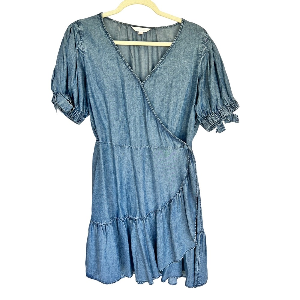 LC Lauren‎ Conrad Chambray Wrap Dress Med Short Puff Sleeve Tiered Cottagecore